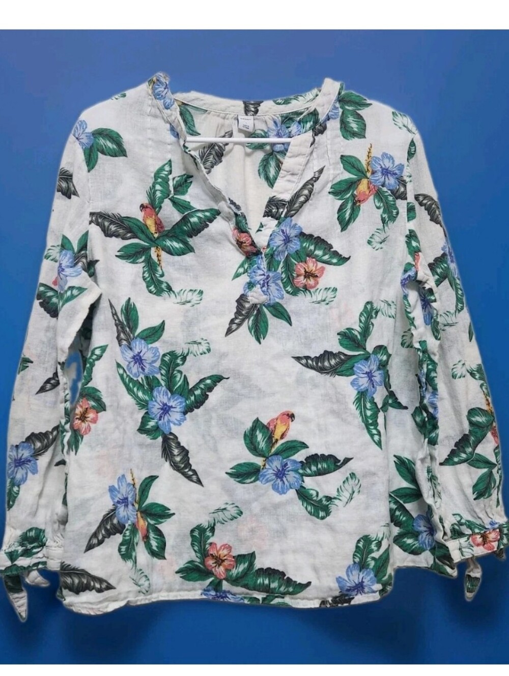 Old Navy Womens Tunic Top Large Linen Cotton Blend Tropical Floral Parrot Beach